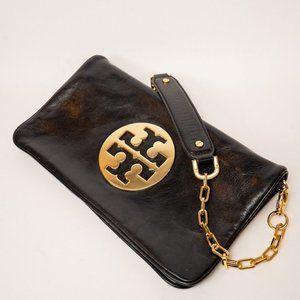 Tory Burch Black Leather Fold Over Shoulder Bag